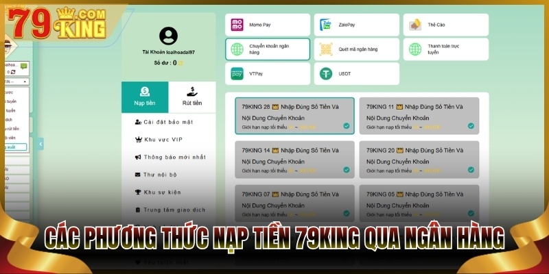 Các phương thức nạp tiền 79King qua ngân hàng